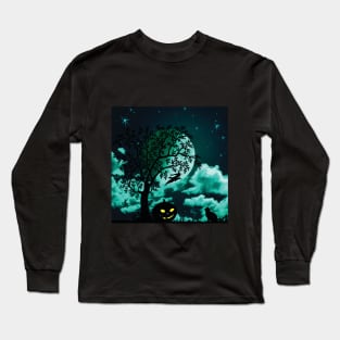 Halloween Cat Under Moonlight and Stars Long Sleeve T-Shirt